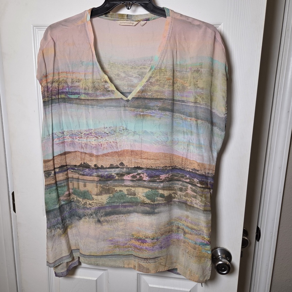 Soft Surroundings sz L 100% silk tunic top artsy cityscape lightweight casual